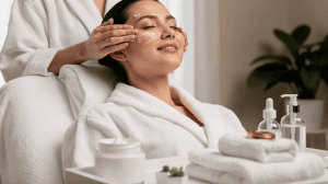 A patient is gently applying moisturizer to their face after receiving a xerf treatment, which aims to improve skin texture and firmness while addressing various skin concerns. The soothing application enhances their radiant skin and supports the body's natural healing response post-treatment.