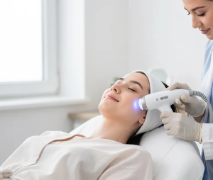 A patient is receiving a comfortable non-invasive facial treatment in a calm medical clinic, designed to tighten sagging skin and improve skin texture through the delivery of RF energy. The treatment, which includes the use of a built-in cooling system, aims to stimulate collagen production while maintaining surface temperature, resulting in visible tightening effects and mild redness.